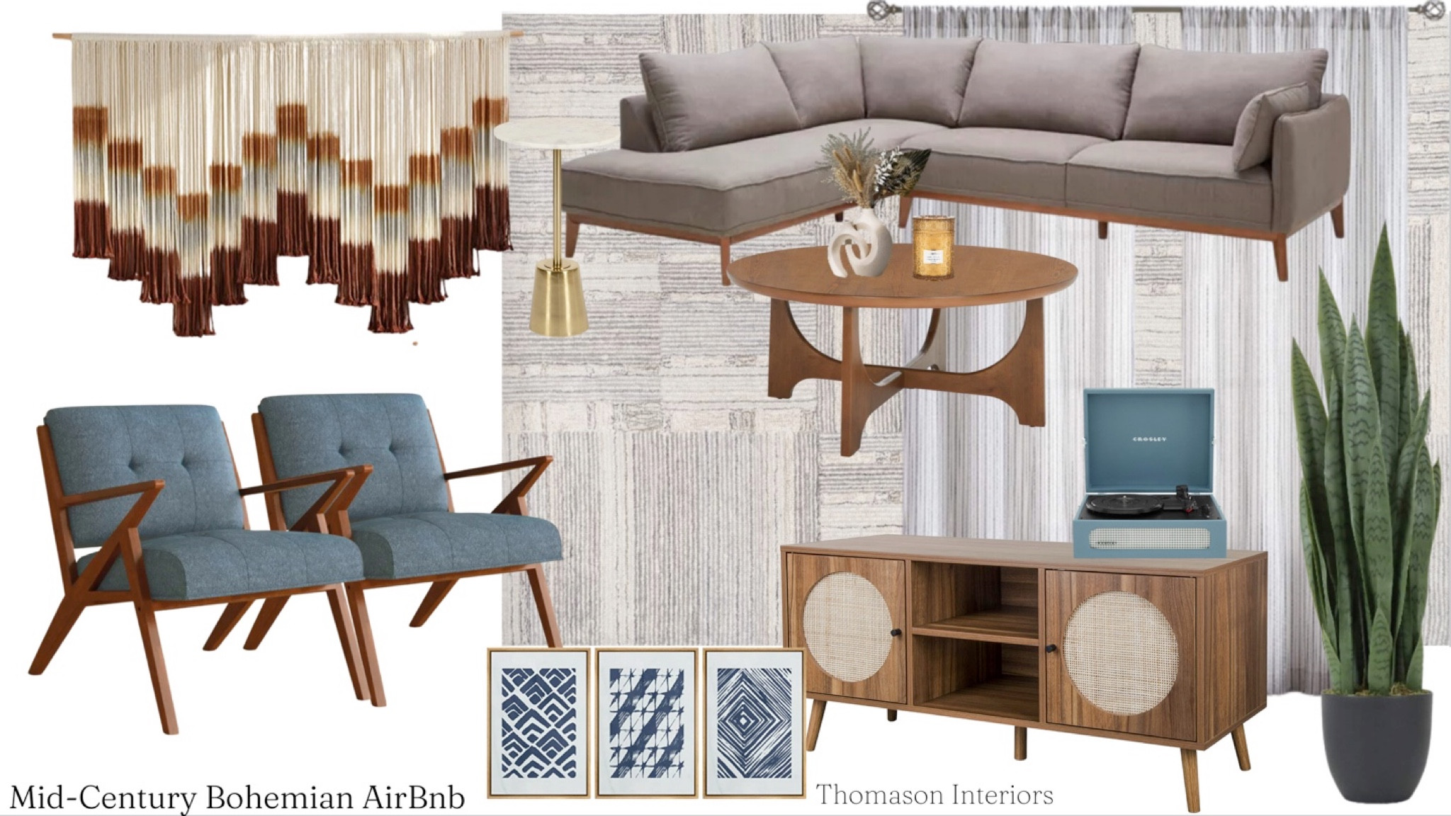 Mid-Century Bohemian AirBnb design. Arvin Olano rug, sectional, console, record player, bohemian wall decor, round coffee table, modern art drink table, faux snake plant