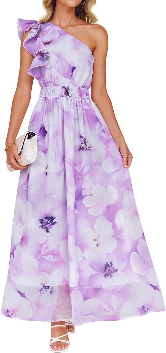 ZESICA Women's 2026 Summer Floral Sleeveless Maxi Dress Ruffle One Shoulder High Waist Boho Beach... | Amazon (US)
