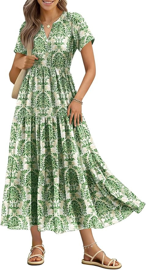 YESNO Women's Casual Floral Maxi Dresses Summer Split V Neck Short Sleeve Boho Beach Swing Dress ... | Amazon (US)