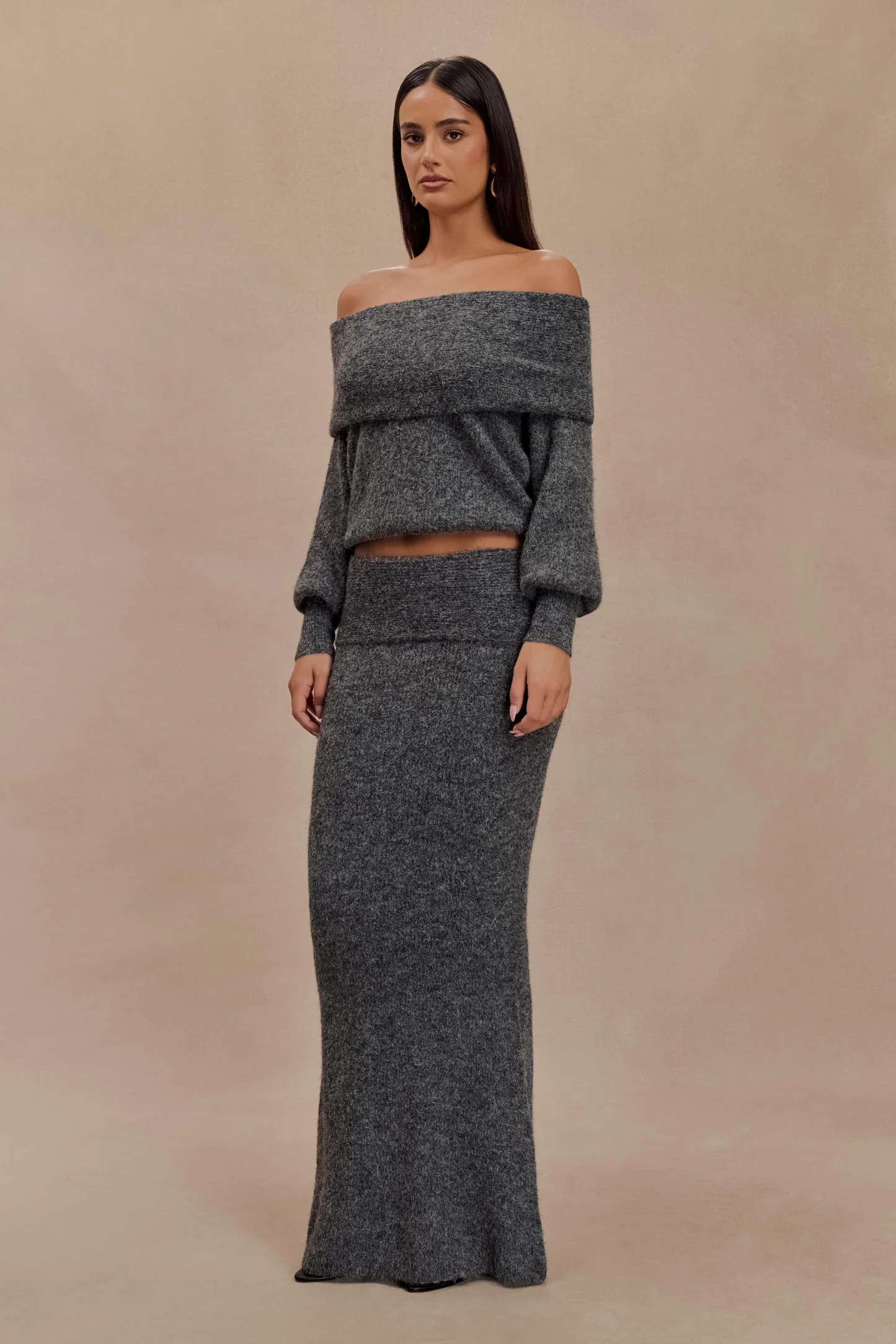 Charlotte Knit Maxi Skirt With Overlay - Charcoal | MESHKI US