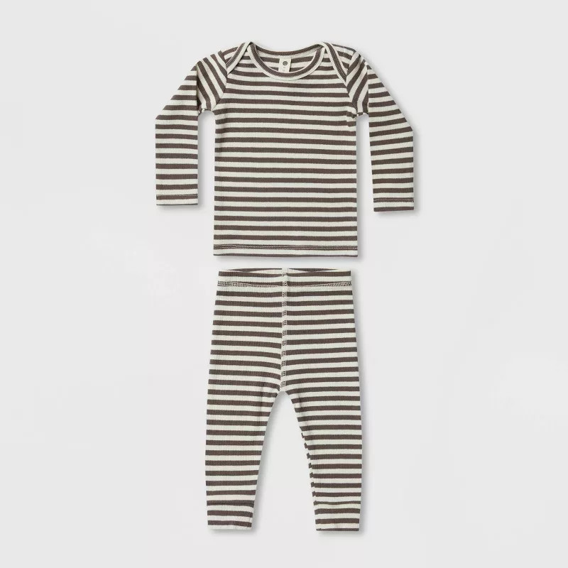 Q by Quincy Mae Baby 2pc Striped Ribbed Long Sleeve Top & Pants Set - Light Beige | Target