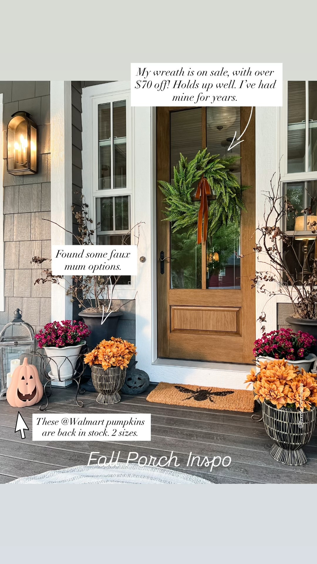 This gorgeous wreath is on sale — over $70 off! The Walmart terracotta pumpkins are back in stock, 2 sizes. I’ve also linked a few favorite outdoor mums for your fall porch  

#LTKSeasonal #LTKHome #LTKFindsUnder50