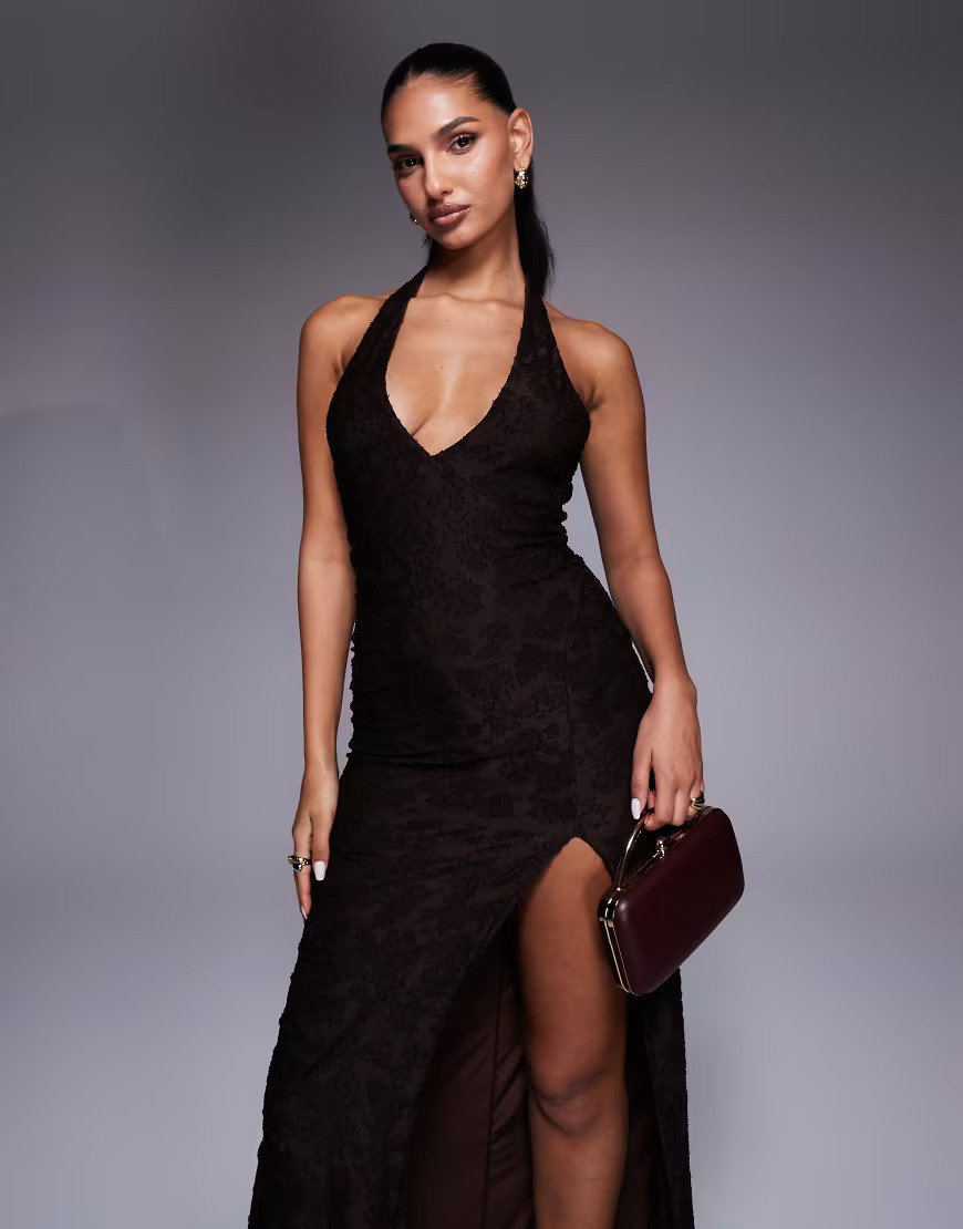 ASOS DESIGN devore maxi slip halter dress in chocolate-Brown | ASOS (Global)