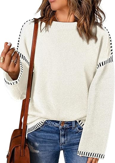 Dokotoo Sweaters for Women Fashion Solid Crewneck Loose Fit Long Sleeve Contrast Cable Knit Pullo... | Amazon (US)