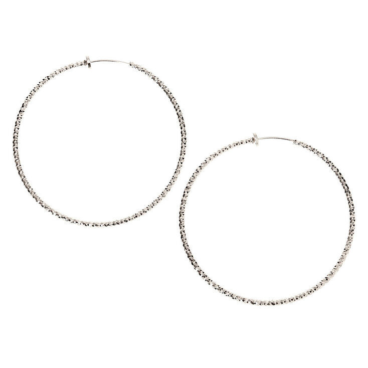Silver 50MM Textured Clip On Hoop Earrings | Claire's (US)