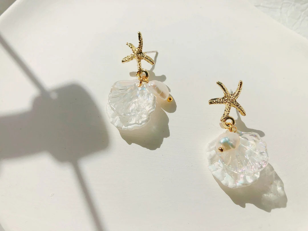 Gold Starfish Earrings / Sea Shell Pearl Dangle Earrings / Starfish With Seashell Earrings / Summ... | Etsy (US)