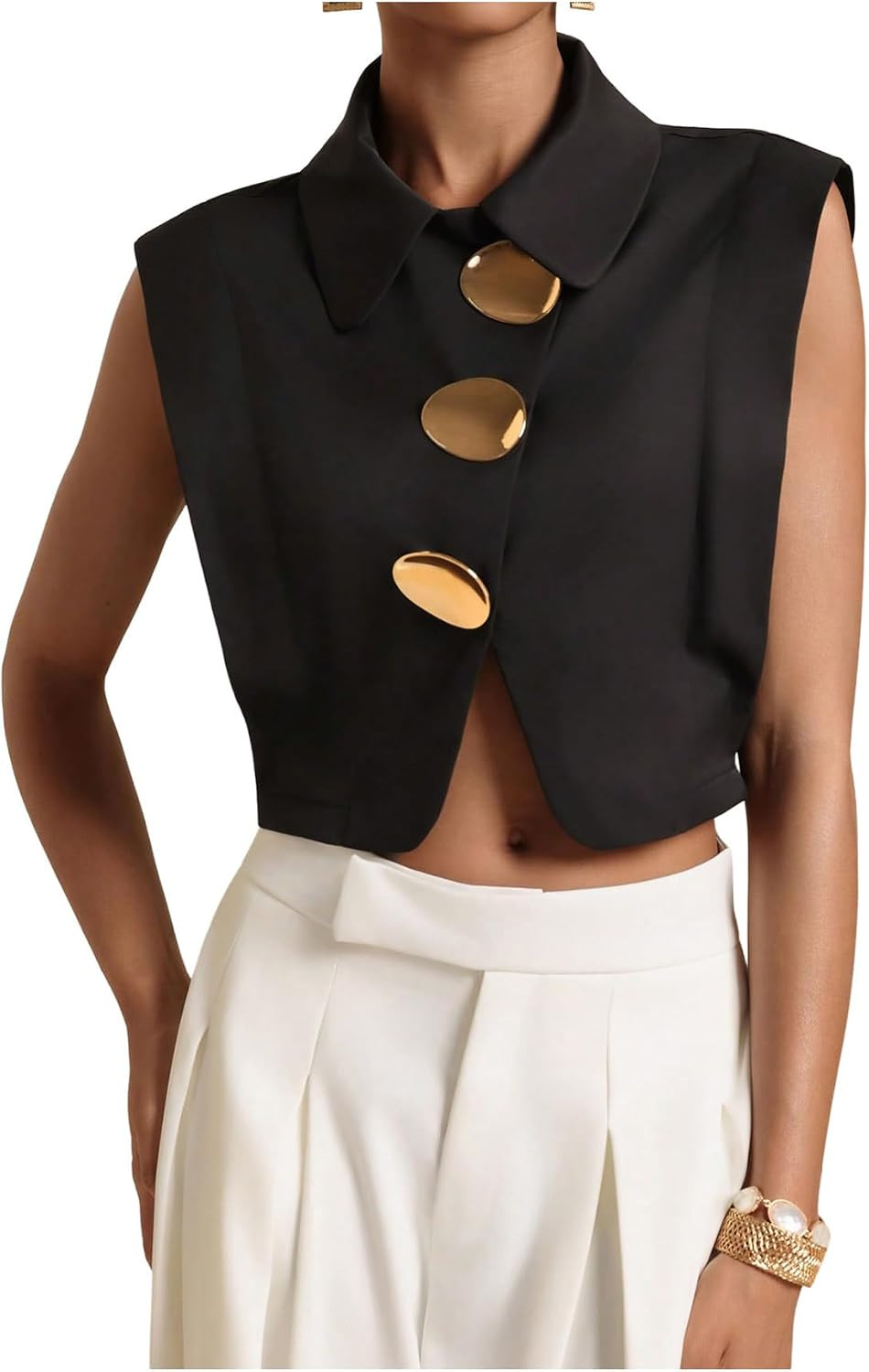 Verdusa Women's Metal Button Dressy Blouses Collared Crop Tops Work Shirts | Amazon (US)