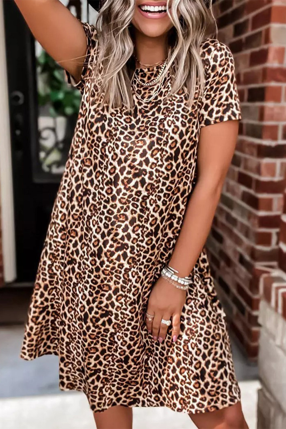 Leopard Print Crewneck Short Sleeve Summer Dress | Shewin