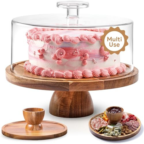 Acacia Wood Cake Stand with Lid - Multifunctional 12 In Round Cake Holder, Dessert Table Display Set & Charcuterie Board for Cheese, Chips, Fruit Platter, Acrylic Cake Dome Cover, No Glass | Amazon (US)