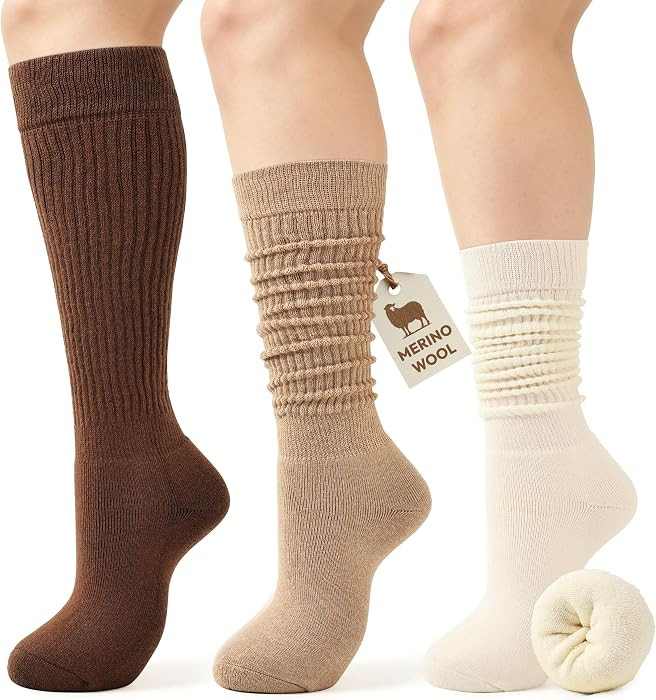 Jeasona Womens Wool Slouch Socks, Thick Knee High Scrunch Boot Socks 3 Pairs | Amazon (US)