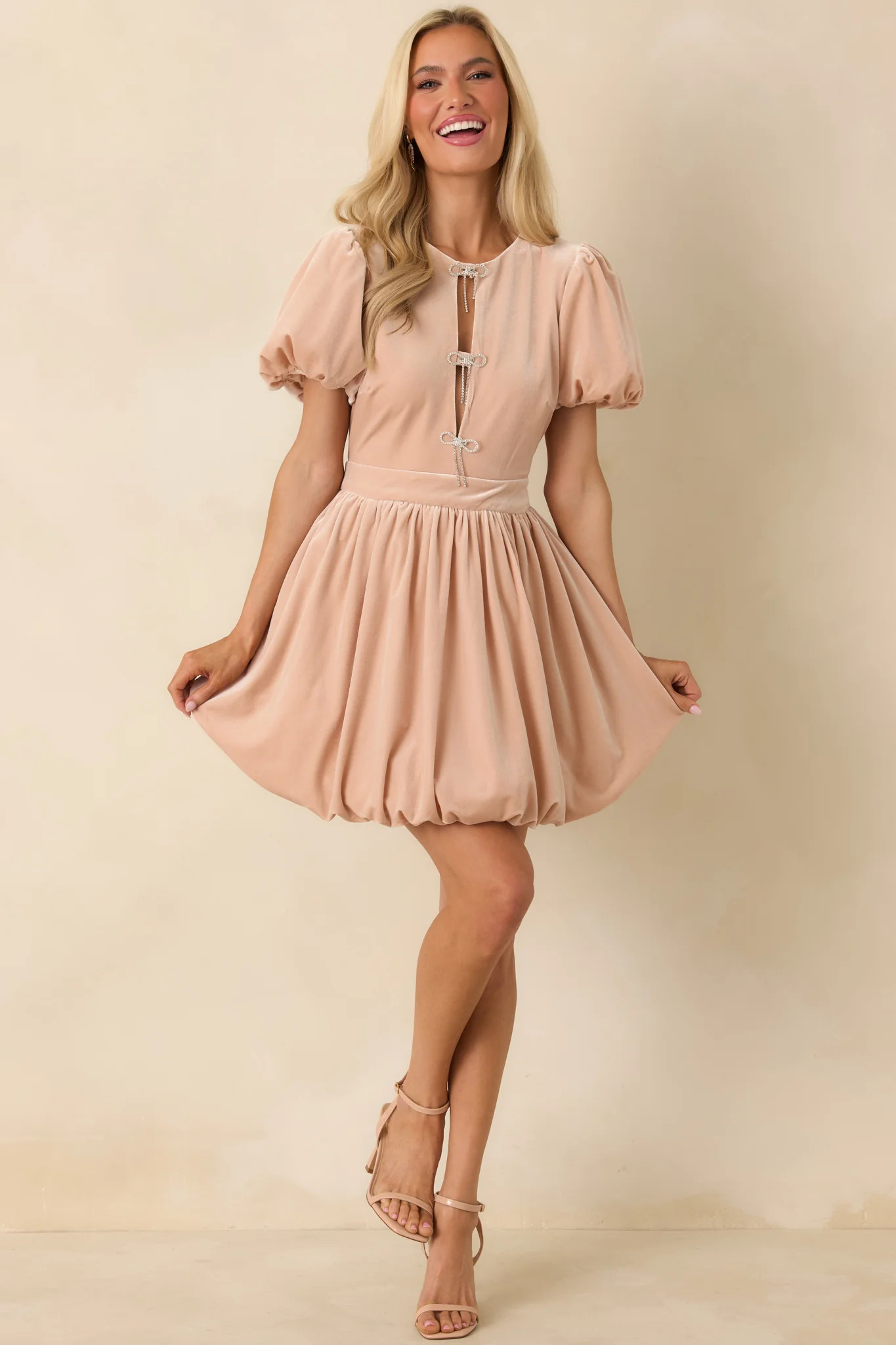 Couldn't Be Sweeter Blush Pink Stretch Velvet Bow Detail Mini Dress | Red Dress
