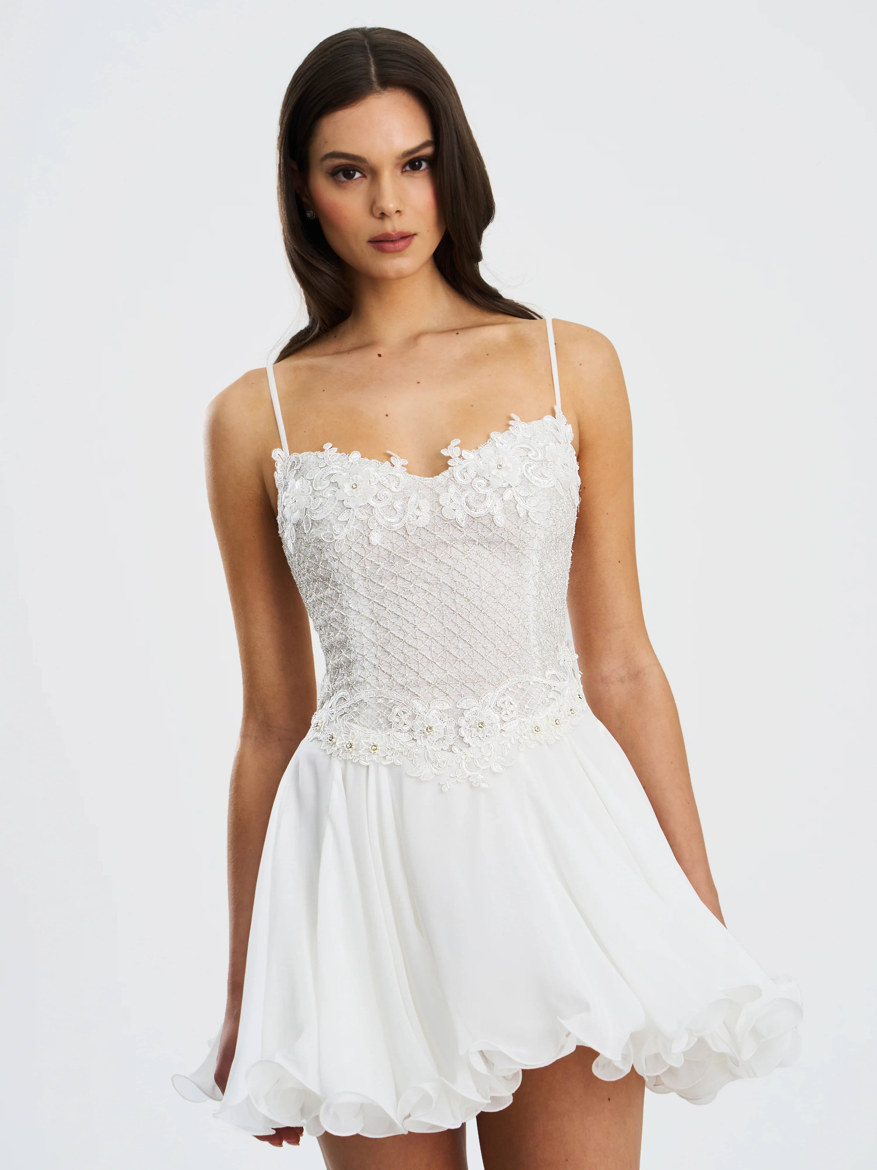 Fabiola Lace Trim Silver Net Top Mini Flare Chiffon Dress | Miss Circle