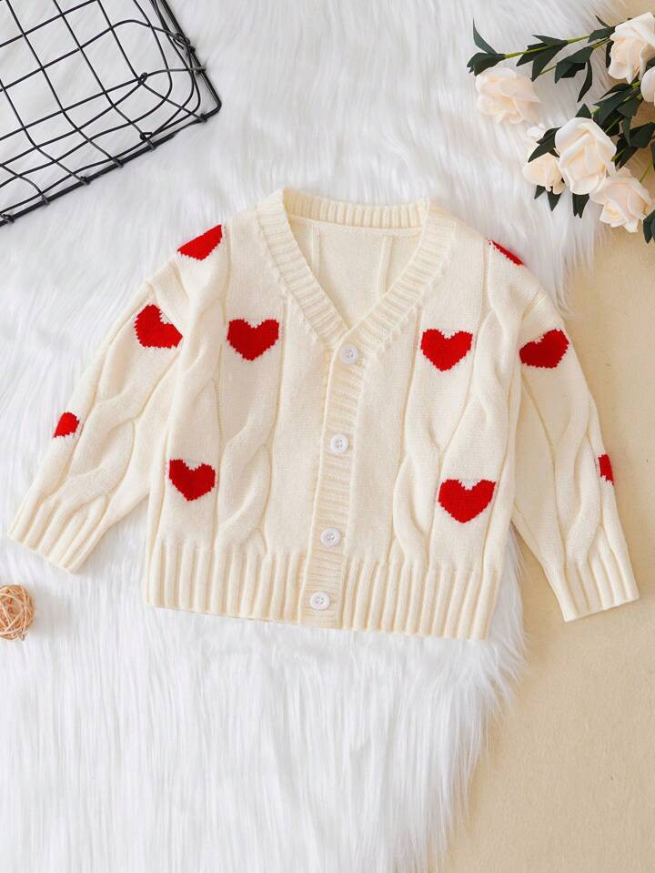 Baby Girl Heart Pattern Cable Knit Cardigan | SHEIN