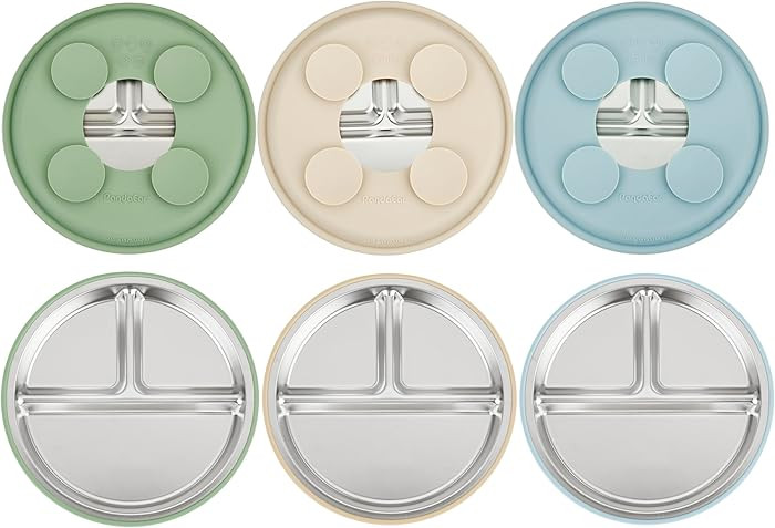 PandaEar 3 Pack Stainless Steel Baby Suction Plates, Divided Toddler Plate for Baby Led Weaning S... | Amazon (US)