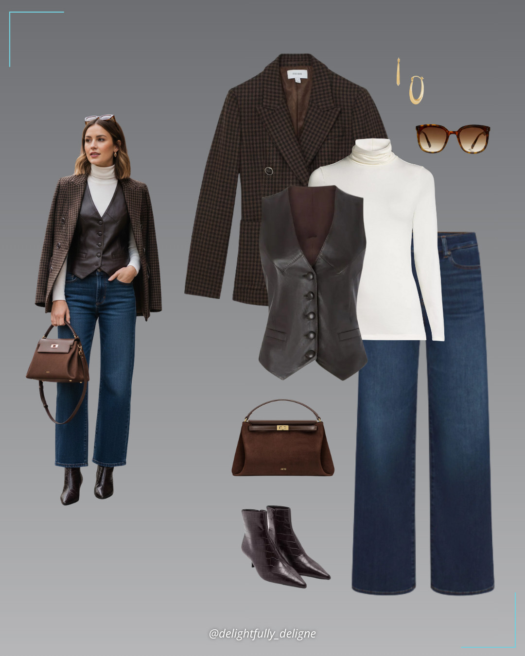 Layered City Check 🤎🤍 High-rise jeans, lightweight jersey long-sleeve turtleneck, brown-check wool-blend double-breasted blazer, brown leather vest, faux-suede top-handle bag, faux-croc pointed-toe ankle boots, ribbed oval hoop earrings & flat wayfarer sunglasses. 

 #LTKgrwm #LTKootd #LTKOver40