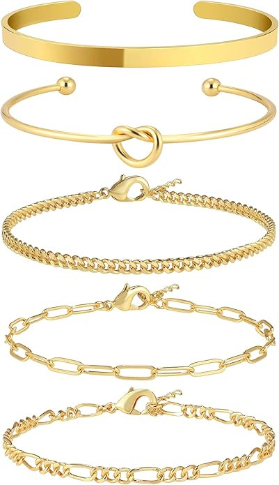 Reoxvo Gold Bracelets for Women Stack 14K Gold Plated Bangle Cuff Bracelet Set for Women Non Tarn... | Amazon (US)