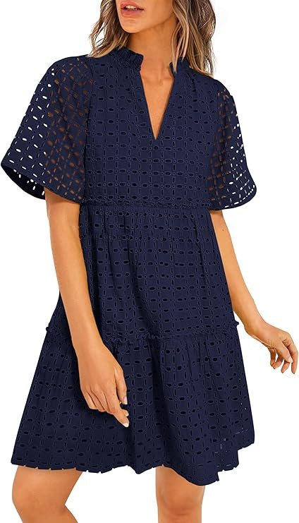 PRETTYGARDEN Eyelet Dresses for Women 2026 Summer Short Sleeve V Neck Hollow Out Ruffle A Line Bo... | Amazon (US)