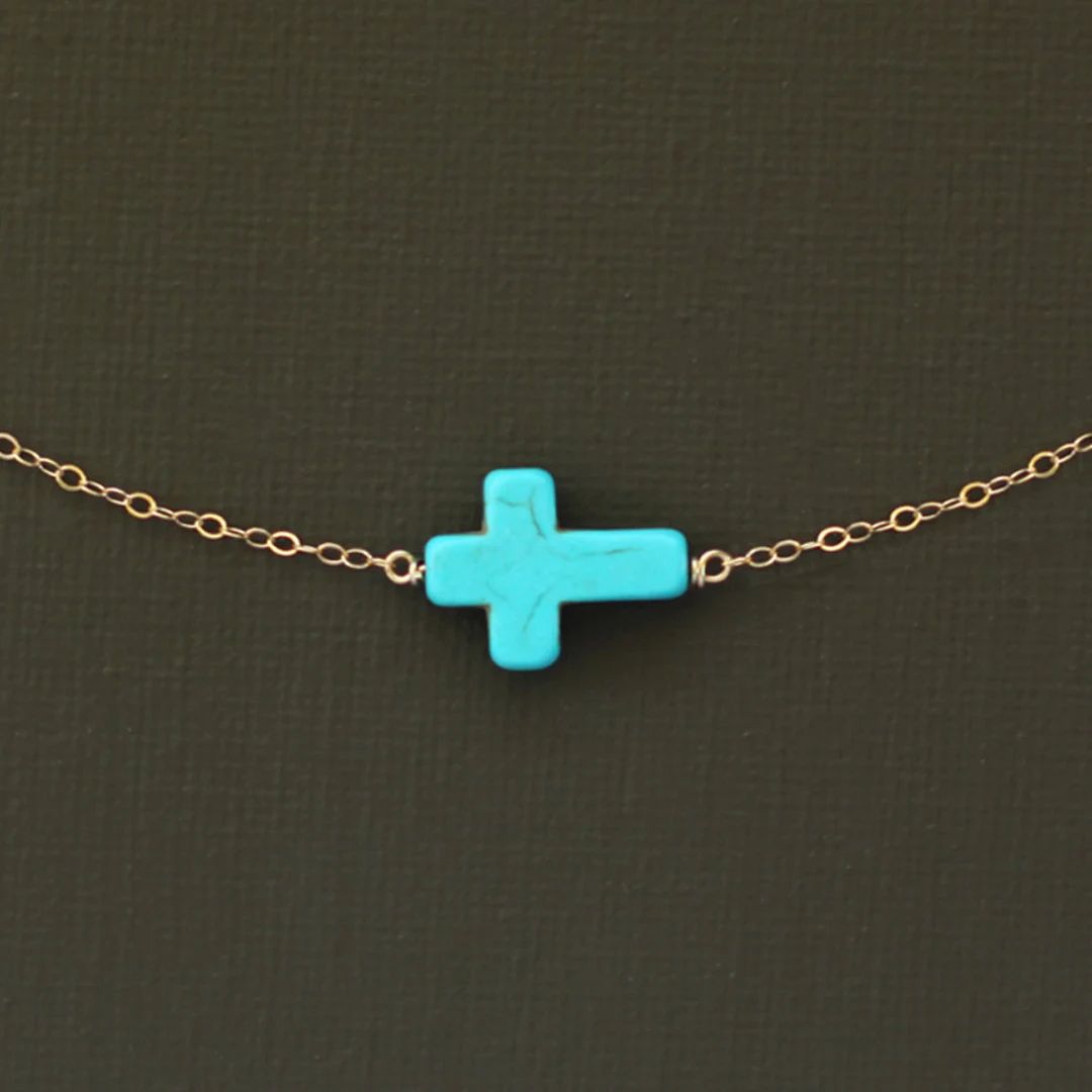 Sideways Turquoise Howlite Cross Necklace - 14K Gold Filled Chain | Etsy (US)