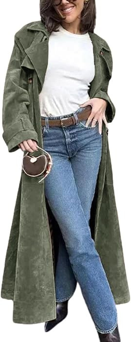 Womens Faux Suede Long Trench Coat Notched Lapel Double Breasted Pea Coat Overcoat with Belt | Amazon (US)