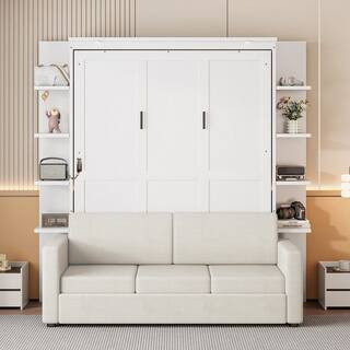 White Wood Frame Queen Murphy Bed Wall Bed with Sofa and Storage Shelves | The Home Depot