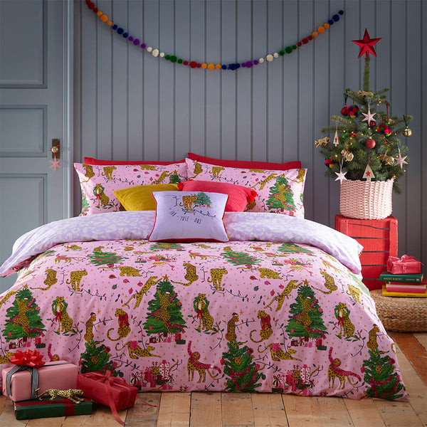 Purrfect Christmas Duvet Cover Set Pink/Lilac | Furn UK