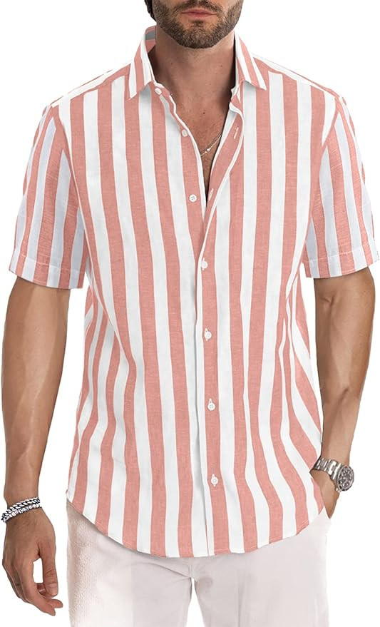 JMIERR Men's Casual Stylish Short Sleeve Button-Up Striped Dress Shirts Cotton Shirt | Amazon (US)