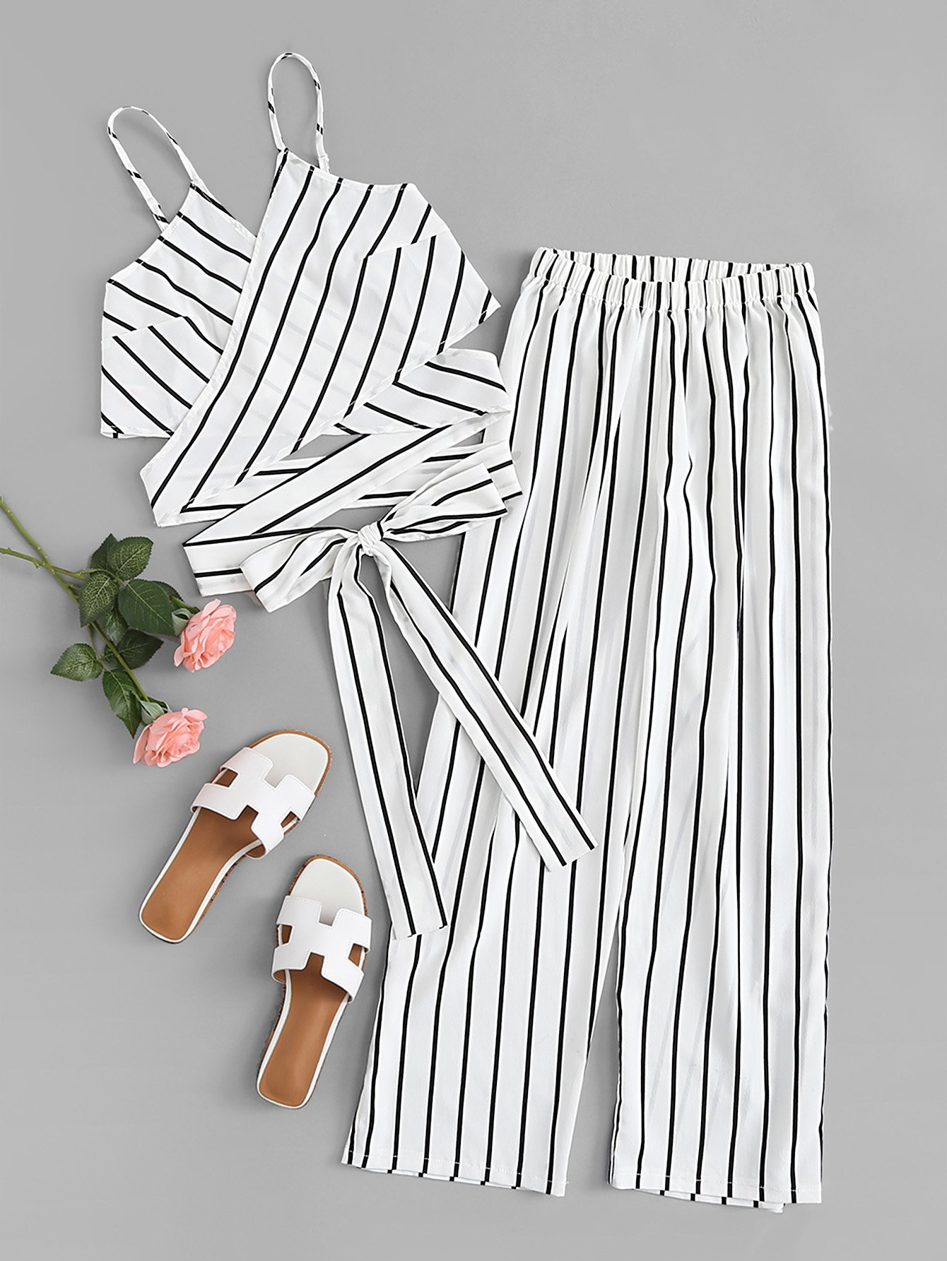 Striped Self-Tie Cami Top & Wide-Leg Pants Set | SHEIN