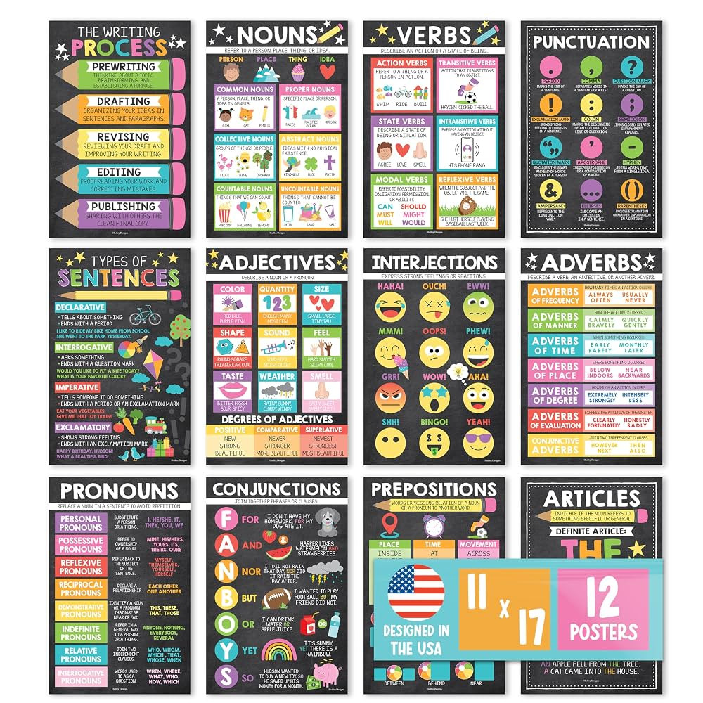 Hadley Designs Parts Of Speech Posters For Classroom - 12 Grammar Posters For Classroom Must Have... | Amazon (US)