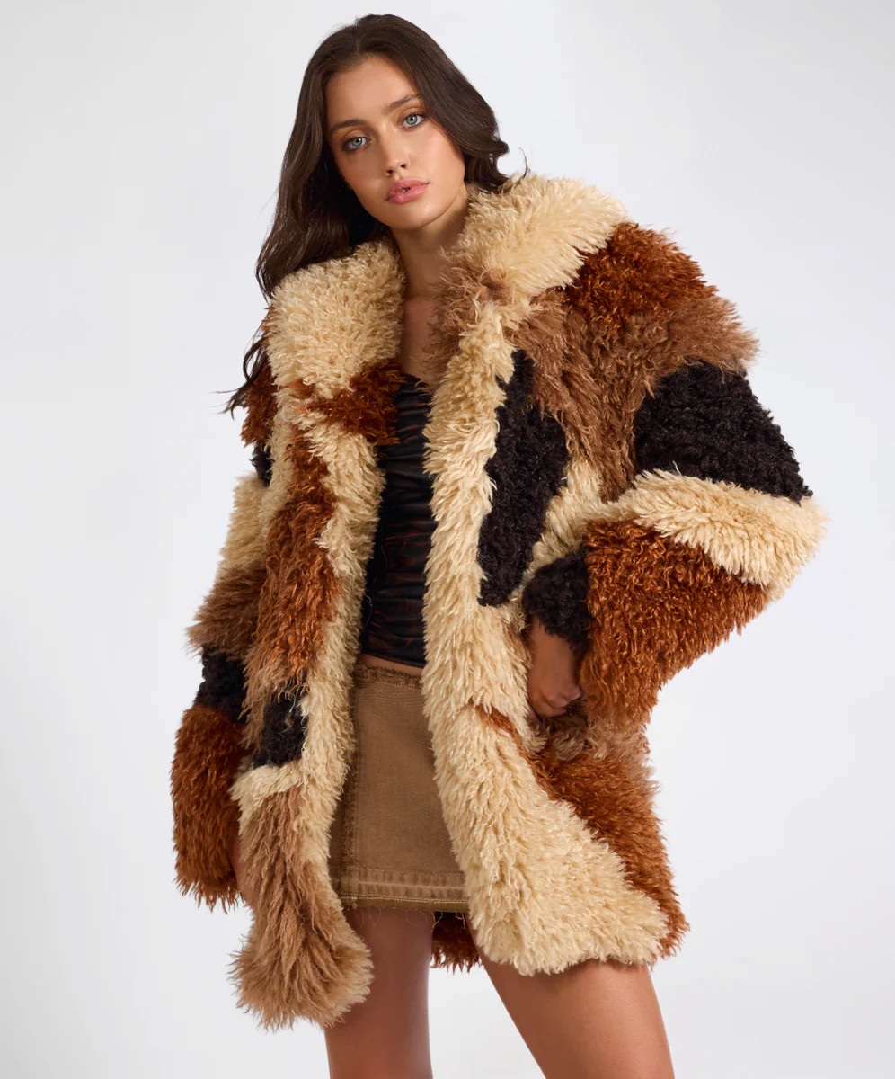 Mongolian Longline Faux Fur Jacket - Tan | One Teaspoon | OneTeaspoon