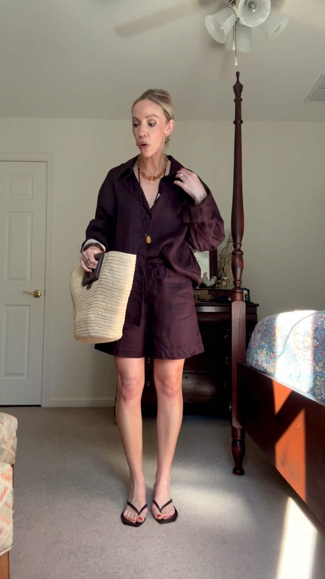 Casual summer outfit, dark brown linen set, Le Tanneur straw tote bag, kitten heel thong sandals, beaded jewelry, summer vacation outfit

#LTKTravel #LTKdayinmylife #LTKootd