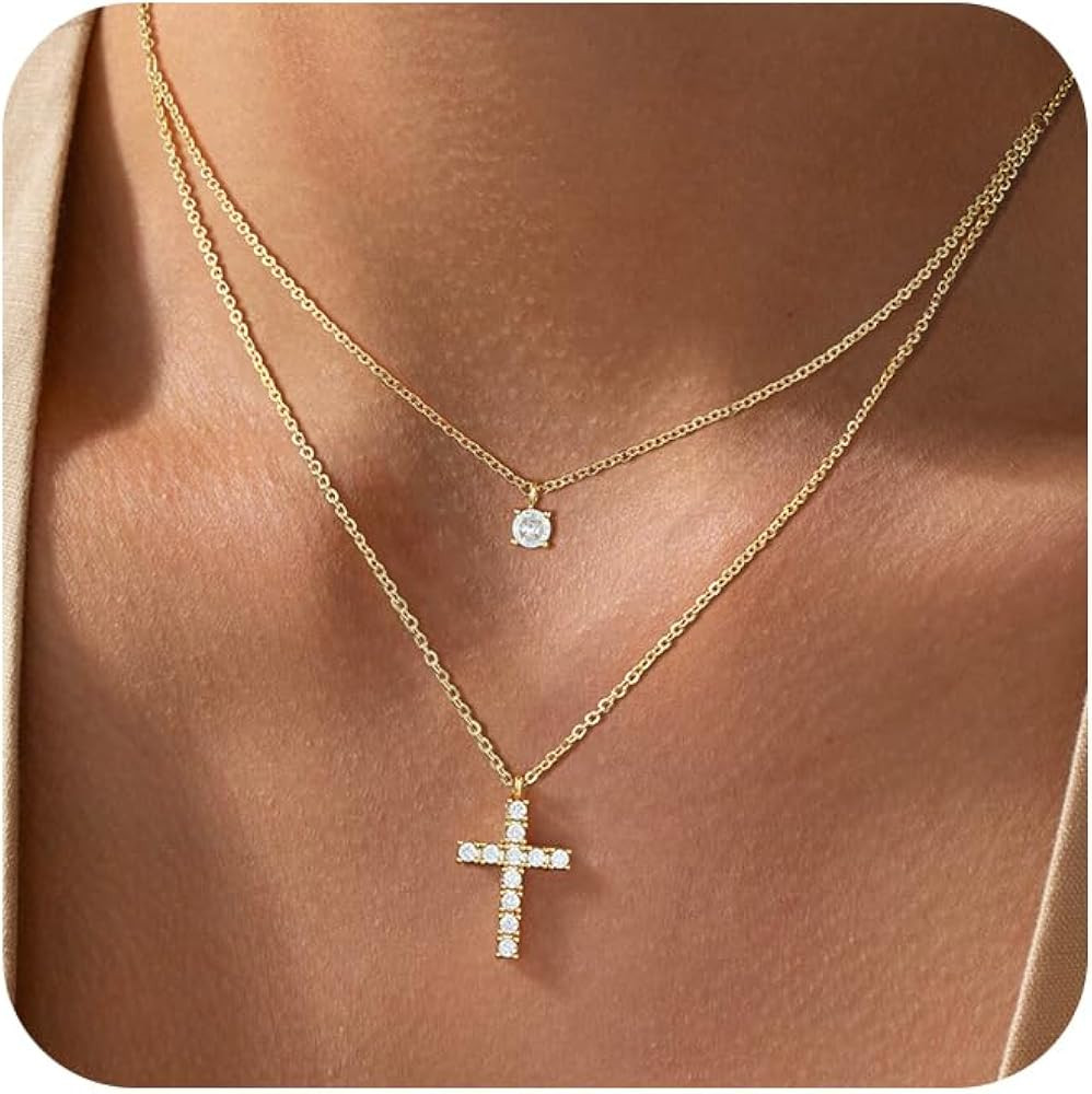 Cross Necklace For Women,14K Gold Plated Small Dainty Colorful Beaded Cubic Zirconia Diamond Doub... | Amazon (US)