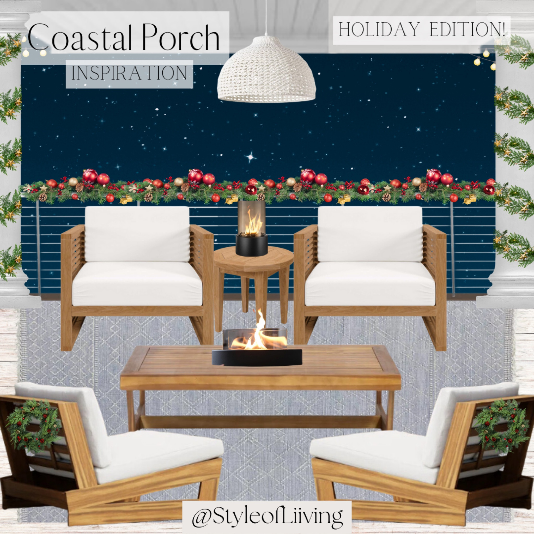 Christmas decorations outside patio decorating! Teak wood outdoor furniture, accent chairs, coffee table, side table. Tabletop fire pits. Area rugs, pendants. 

#LTKHoliday #LTKhome #LTKSeasonal