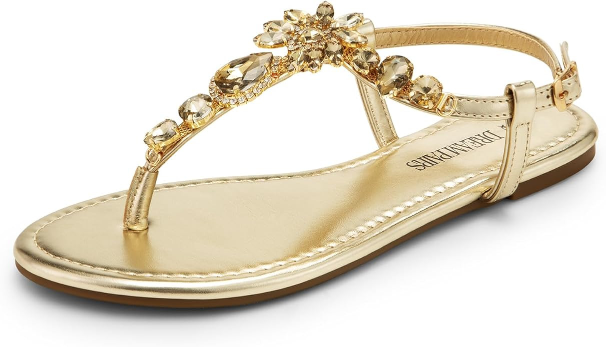 DREAM PAIRS Flat Sandals for Women Dressy Rhinestone T-Strap Thong Flat Sandals for Summers Dress... | Amazon (US)