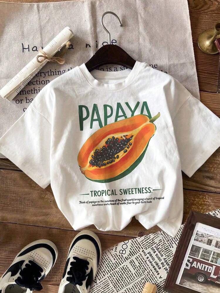 SHEIN LUNE Fashionable Papaya Tropical Sweet T-Shirt,White Summer Casual Streetwear Vacation Holi... | SHEIN
