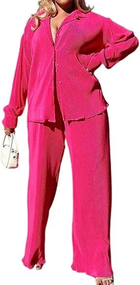 Womens Casual 2 Piece Outfits - Long Sleeve Button Blouse Top Wide Leg Loose Streetwear Loungewea... | Amazon (US)