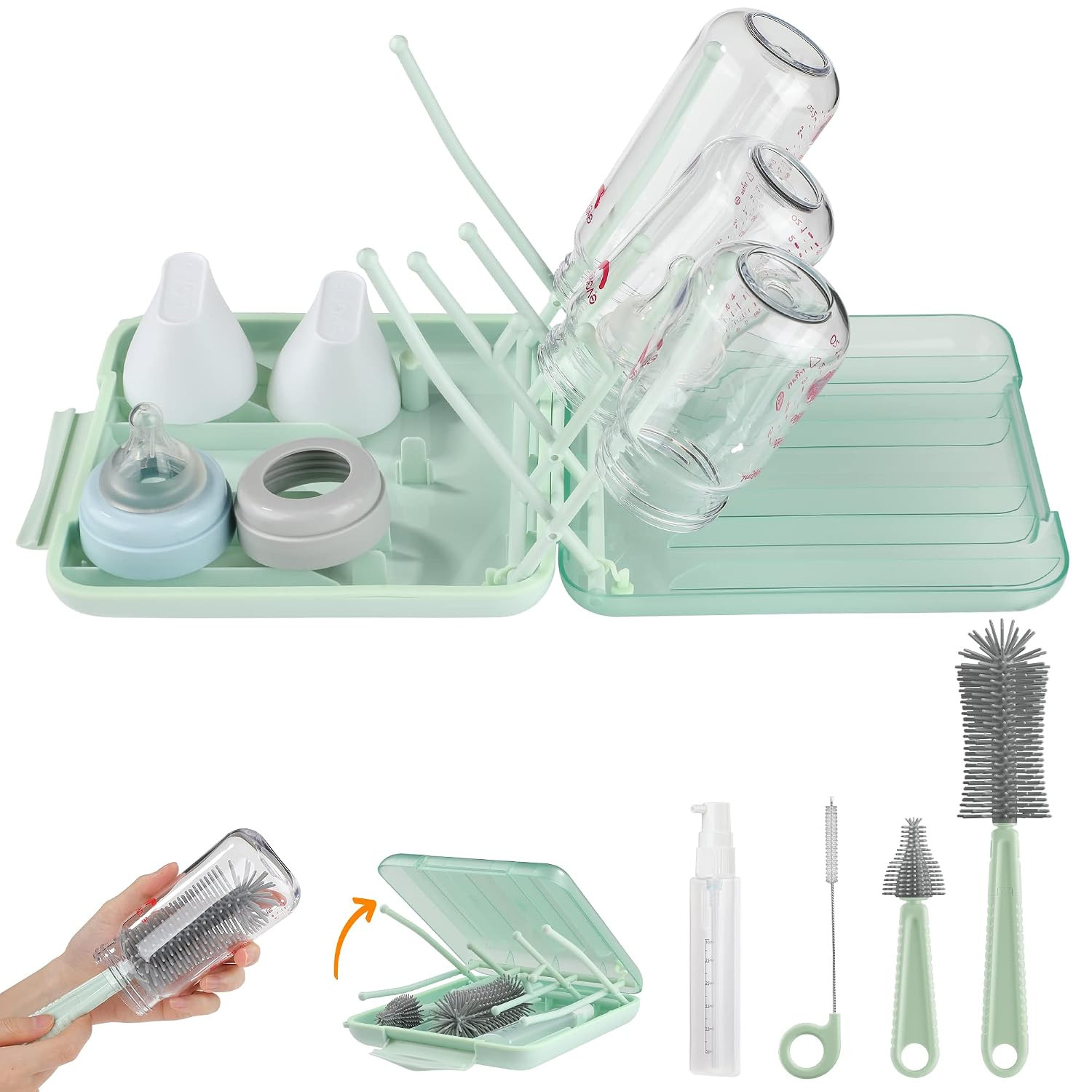 Bottle Brush Set -Baby Travel Essential-6 in 1 Bottle Cleaner Kit with Silicone Bottle Brush,Nipple Cleaner Brush,Straw Brush,Soap Dispenser,Storage Box,Bottle Drying Rack for Home and Travel(Green) | Amazon (US)