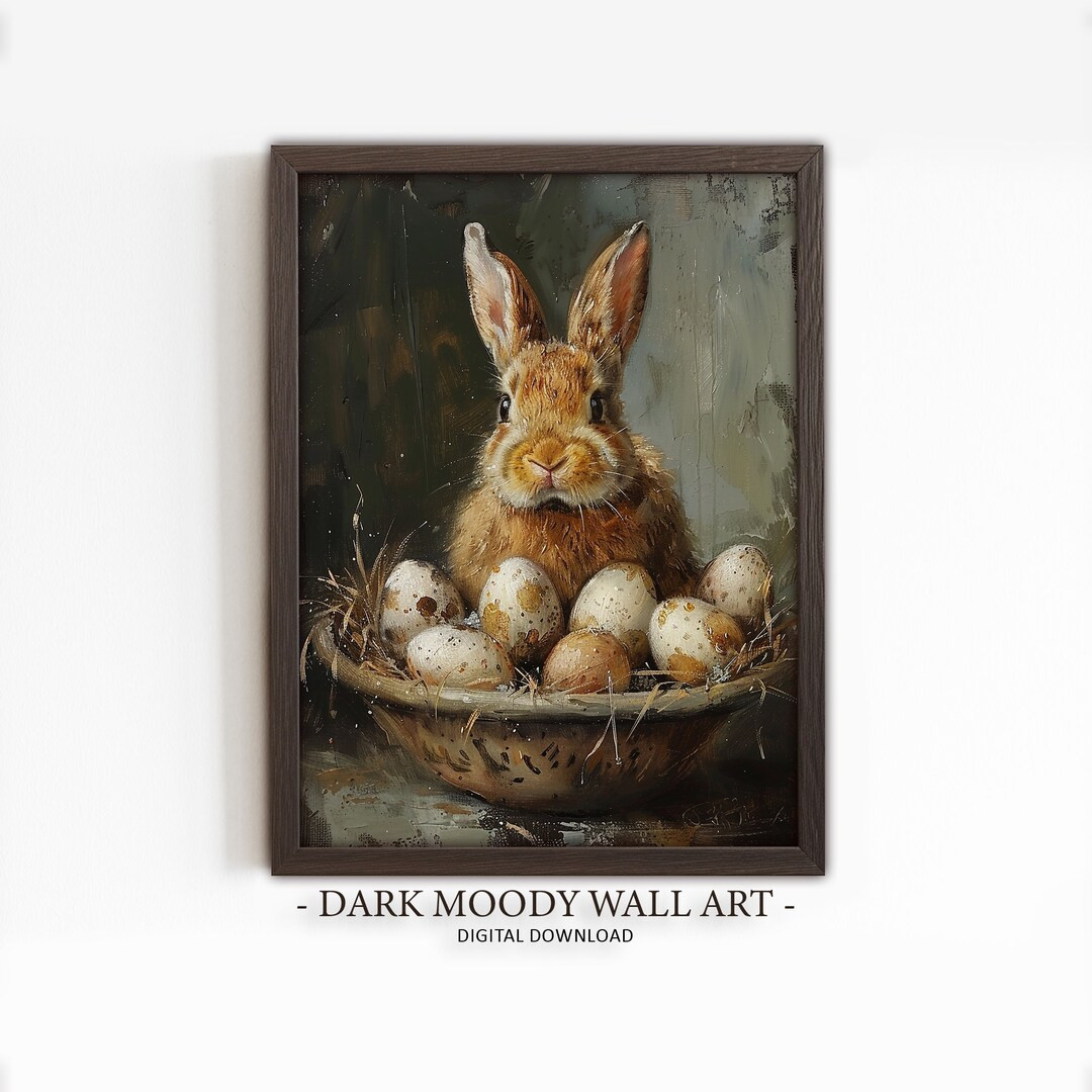 Spring Bunny Rabbit With Egg Basket Printable, Dark Spring Decor, Vintage Farmhouse Print, Vintag... | Etsy (US)