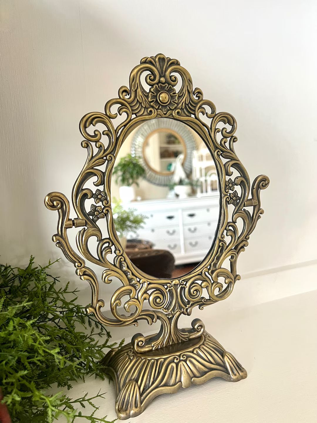 Vintage Brass Tone Pedestal Vanity Mirror Makeup, Ornate Scrolls, Swivel Mirror,  Hollywood Regen... | Etsy (US)
