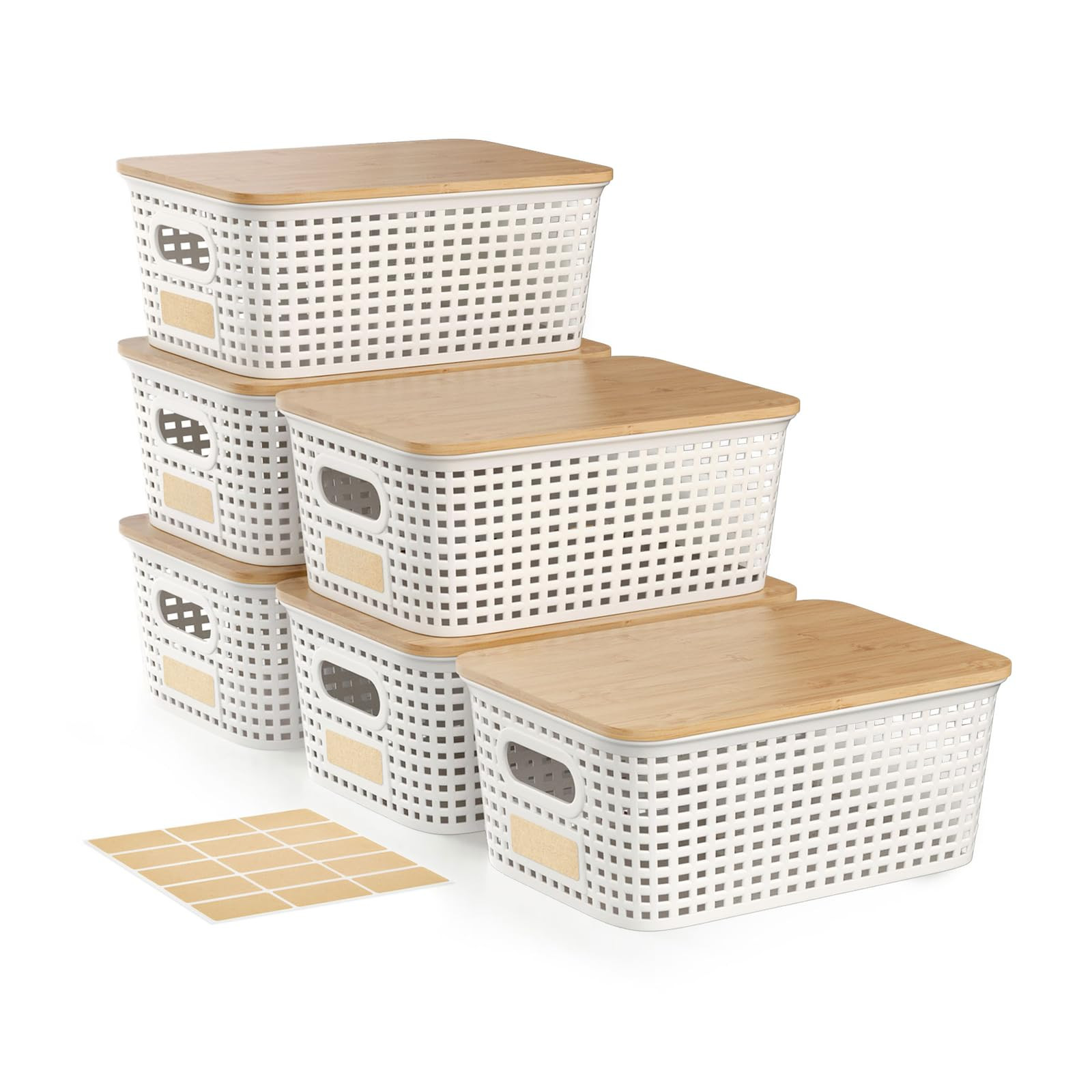 Plastic Storage Bins with Bamboo Lid - Stackable Pantry Storage Organizer with Lid - Storage Bask... | Amazon (US)