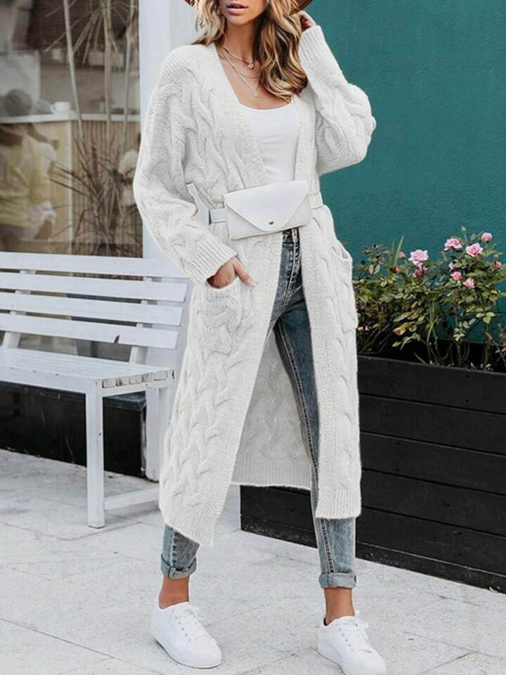 Women's Long Cardigan Coats Cable Knit Casual Open Front Long Sleeve Loose Sweater With Pockets | SHEIN