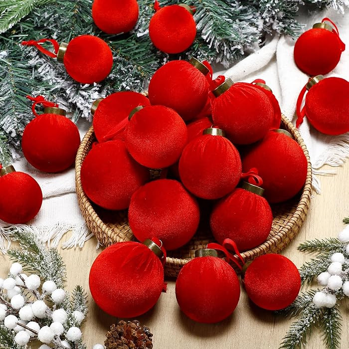 HyDren 24 Pcs Velvet Christmas Ornaments Balls Bulk Flocked Christmas Tree Ornaments 3.15, 2.76, ... | Amazon (US)
