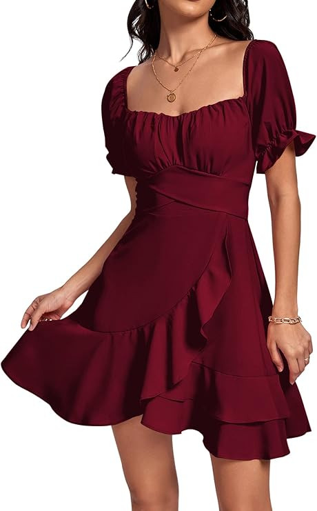LYANER Women's Square Neck Ruffle Wrap Mini Dress Off Shoulder Flounce Short Sleeve A Line Flowy ... | Amazon (US)