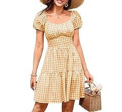 ZAFUL Women's Casual Plaid Mini Dress Scoop Neck Short Puff Sleeve Sundress A-Line Flowy Summer D... | Amazon (US)