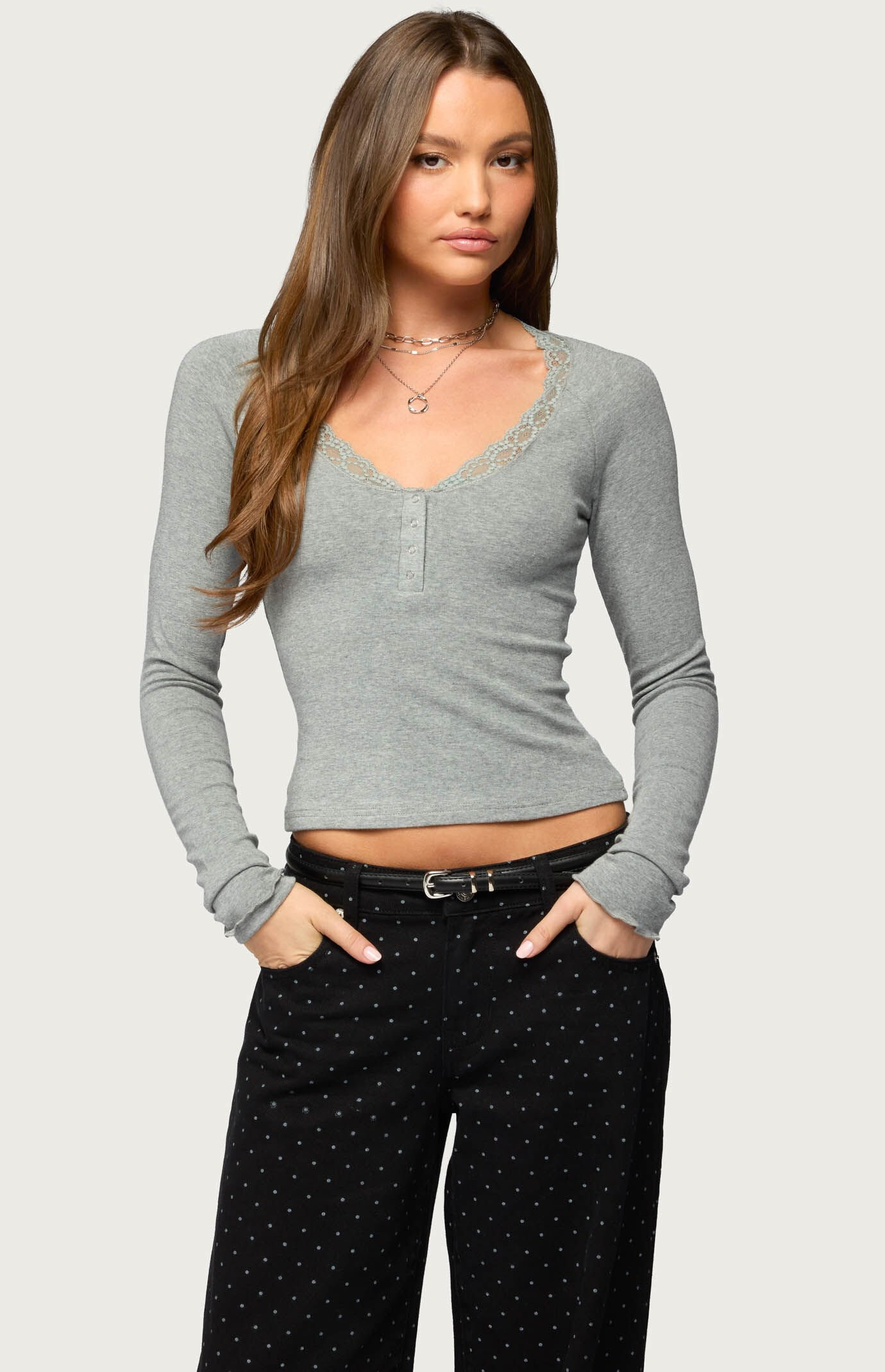 Edikted Women's Shanah Lacey Henley Top in Heather Gray - Size XS | PacSun