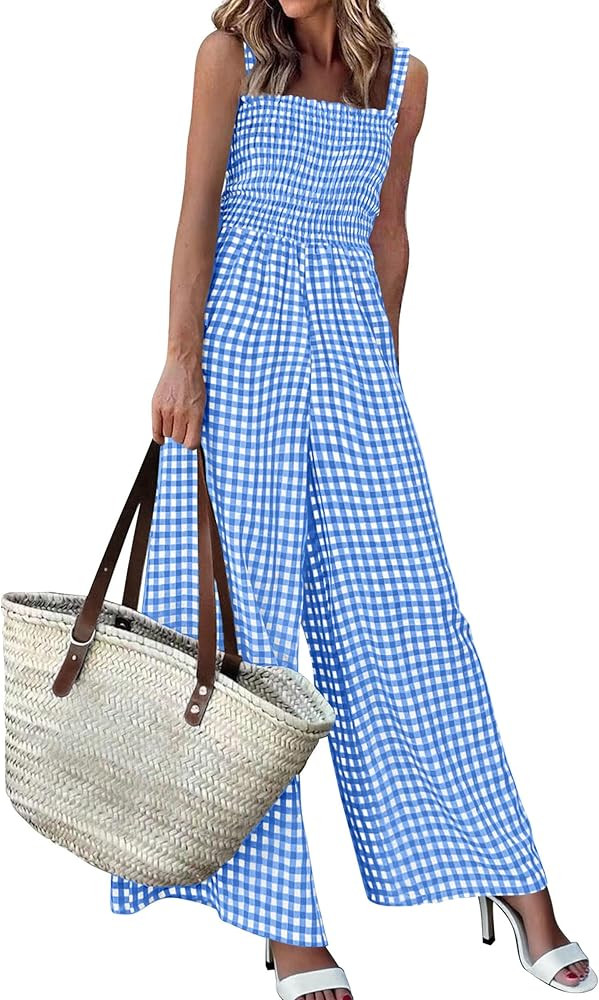 PRETTYGARDEN One Piece Jumpsuits for Women 2026 Summer Sleeveless Smocked Gingham Wide Leg Date N... | Amazon (US)