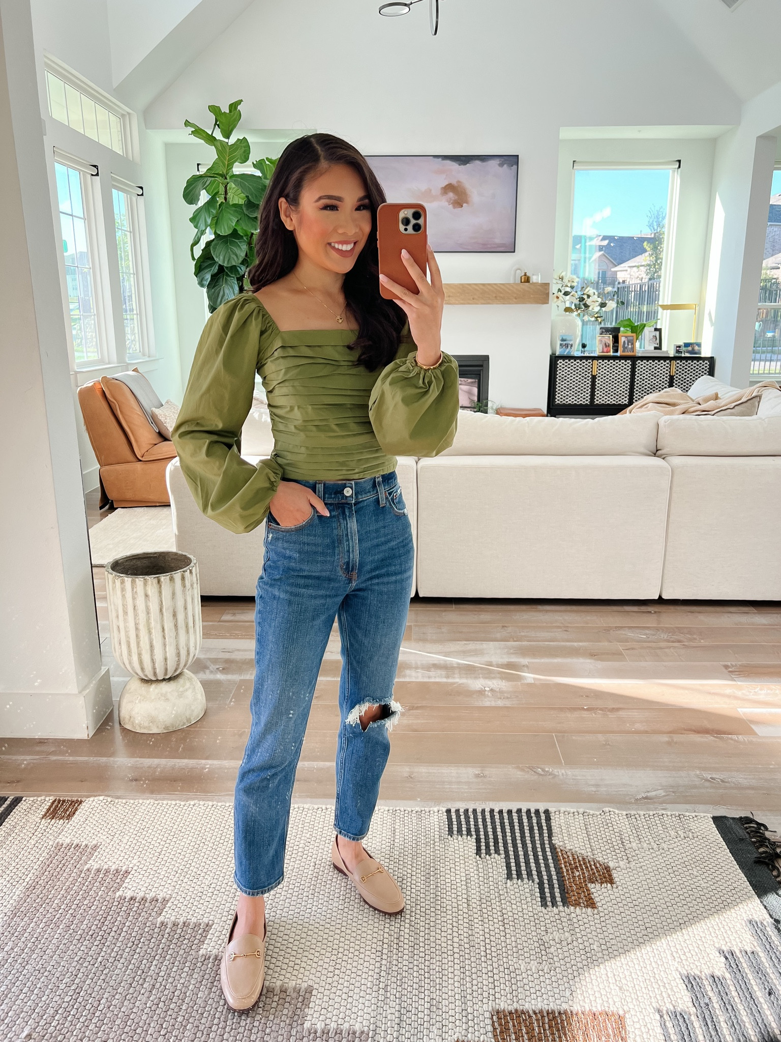 Love these high rise straight leg Abercrombie jeans! Wearing size 24 short and they’re on sale for 25% off with an added 15% off with code DENIMAF! My puff ruched sleeve is so pretty in olive green and is on sale for 15% off from Abercrombie, also. Great weekend sale! 

#LTKstyletip #LTKsalealert