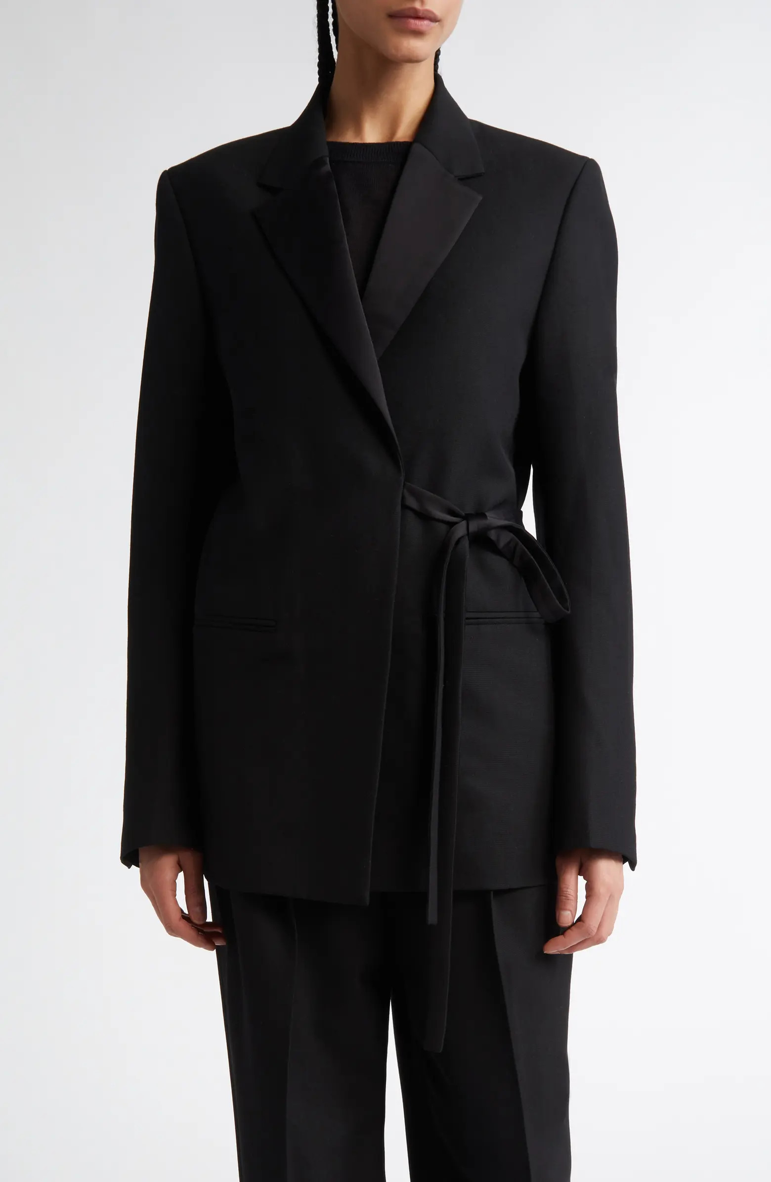 Satin Lapel Recycled Polyester & Wool Wrap Blazer | Nordstrom