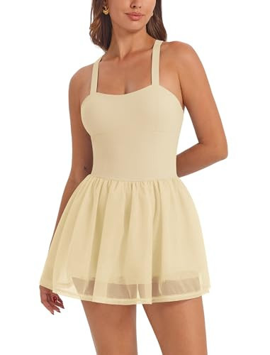 ABOCIW Athletic Dress for Women Sweetheart Neck Mesh Tennis Dress with Built in Bra and Shorts Backless Workout Exercise Sports Active Golf Dresses with Pocket Sand X-Small | Amazon (US)