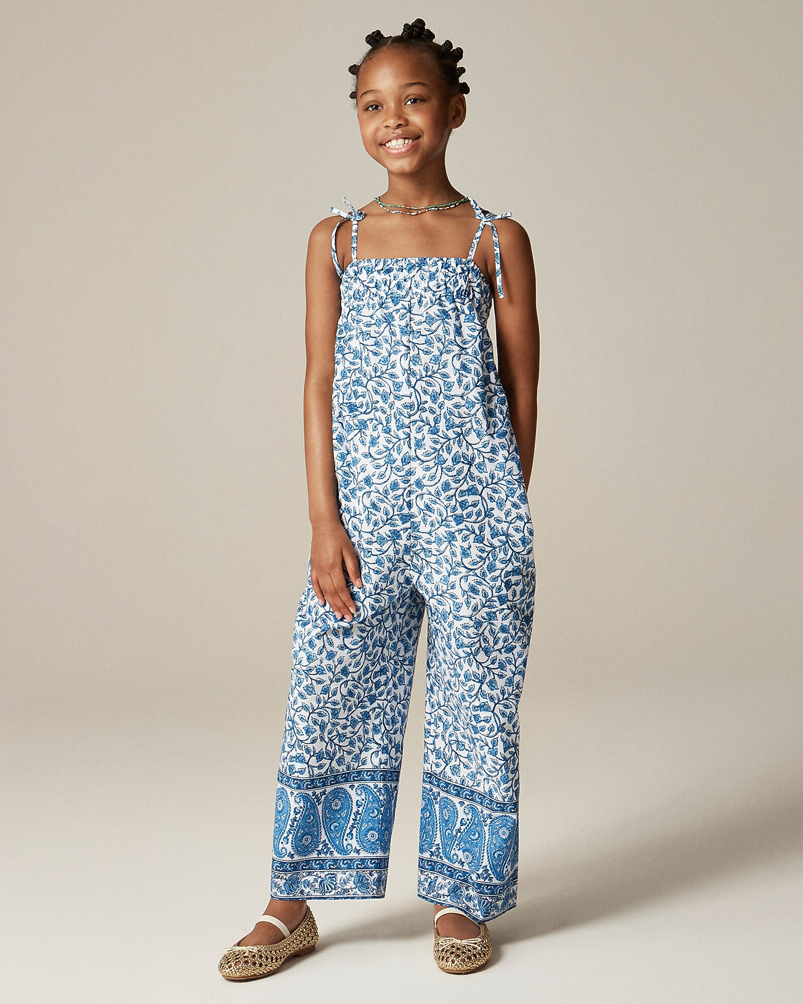 Girls' tie-shoulder jumpsuit in bandana block print | J. Crew US