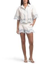 Eyelet Short Sleeve Button Up Top And Belted Mini Shorts Collection | TJ Maxx